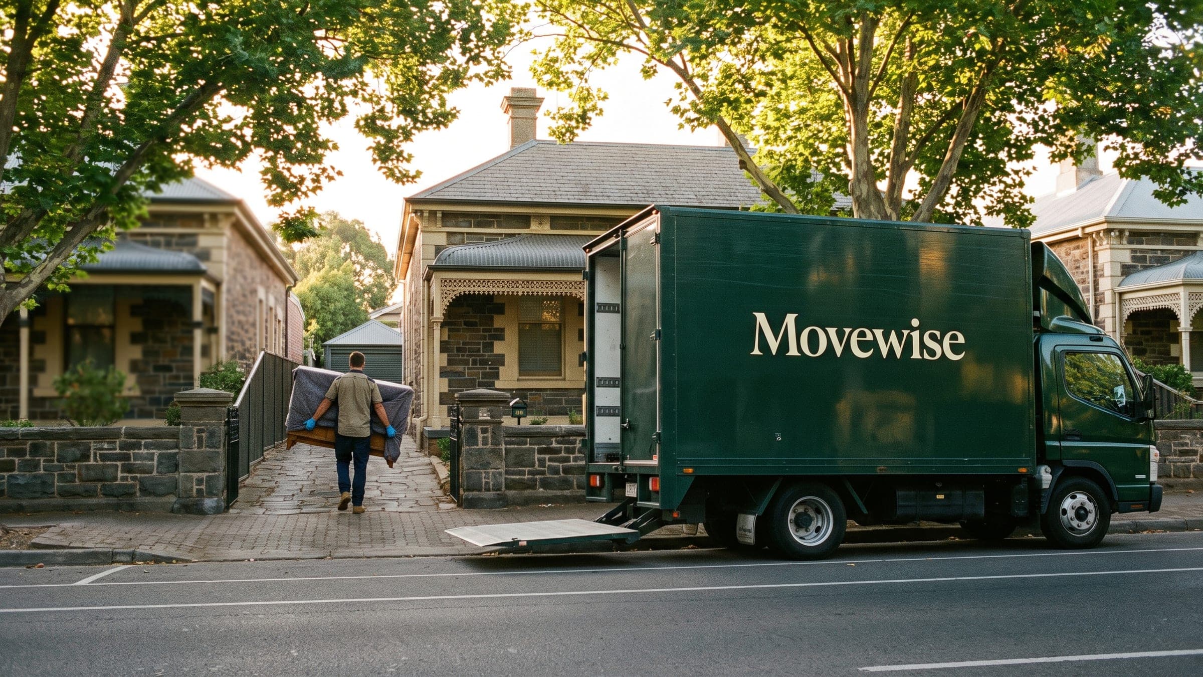 A Movewise truck outside an Adelaide bluestone villa, a mover carrying a wrapped item up the path.