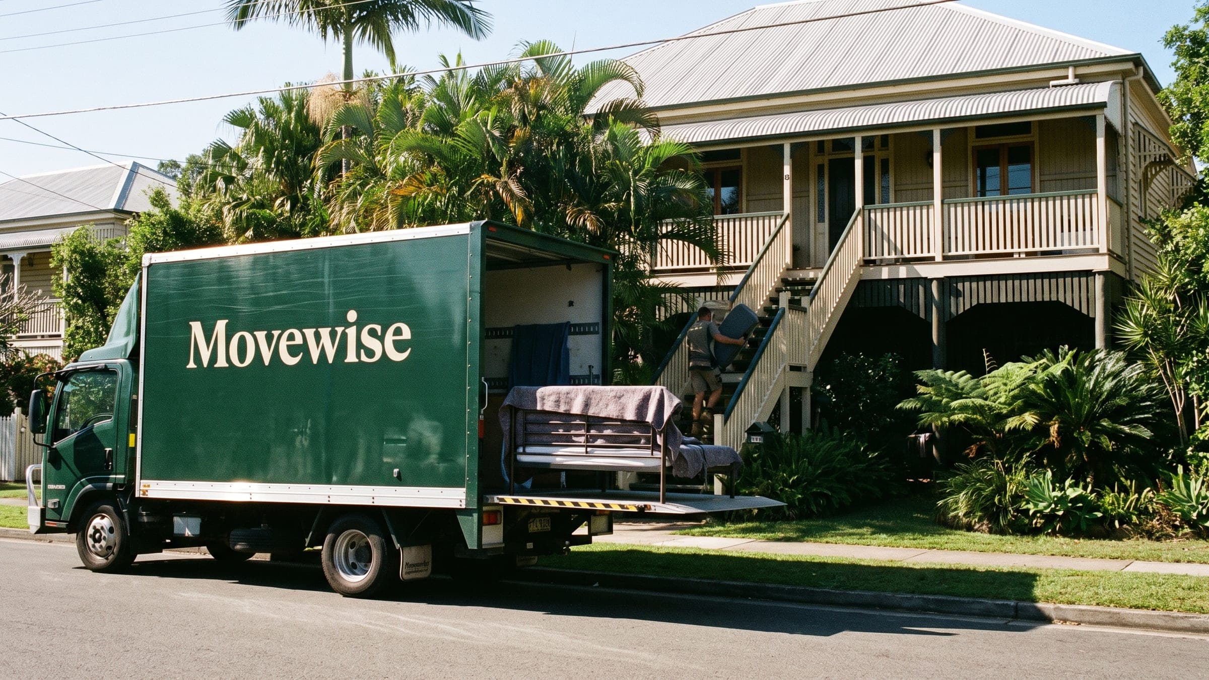 A Movewise truck outside a raised Queenslander with external timber stairs and palms.