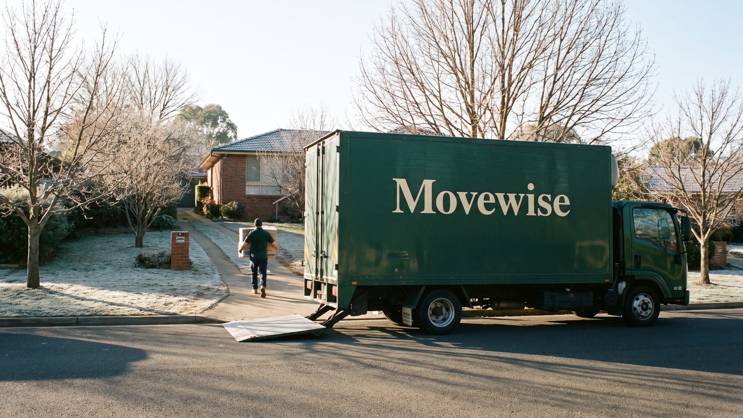 A Movewise truck on a frosted Canberra street, bare winter trees along the verge.
