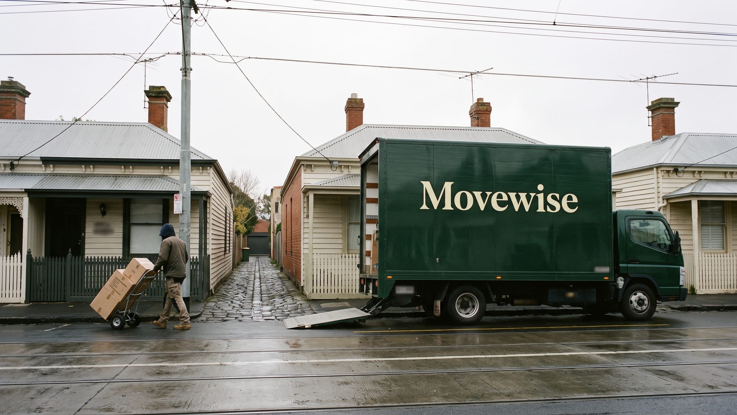 A Movewise truck on a wet inner-Melbourne street of single-fronted Victorian cottages, beside a bluestone laneway.