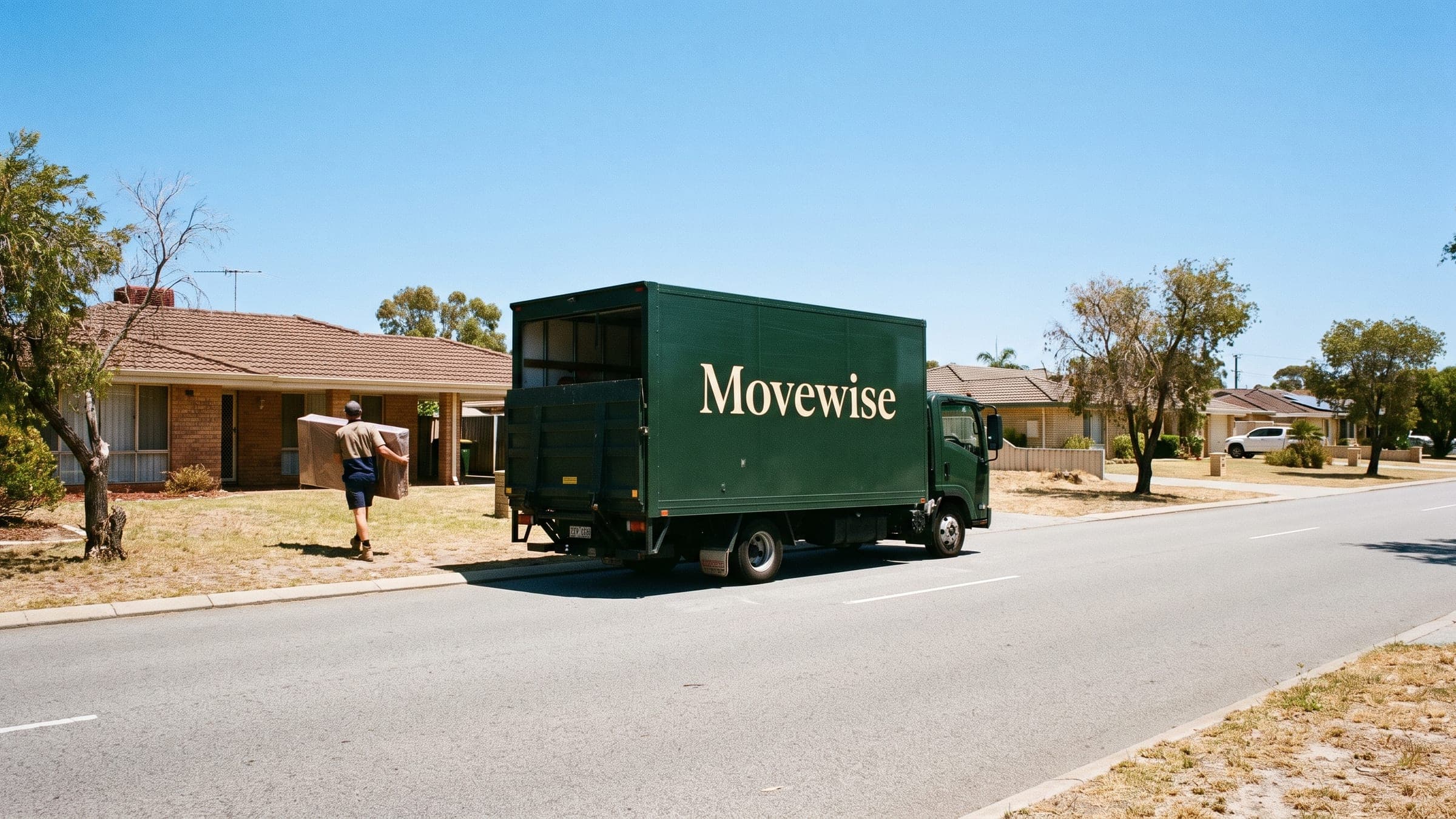 A Movewise truck on a wide, open Perth suburban street of low brick-and-tile homes under hard sunlight.