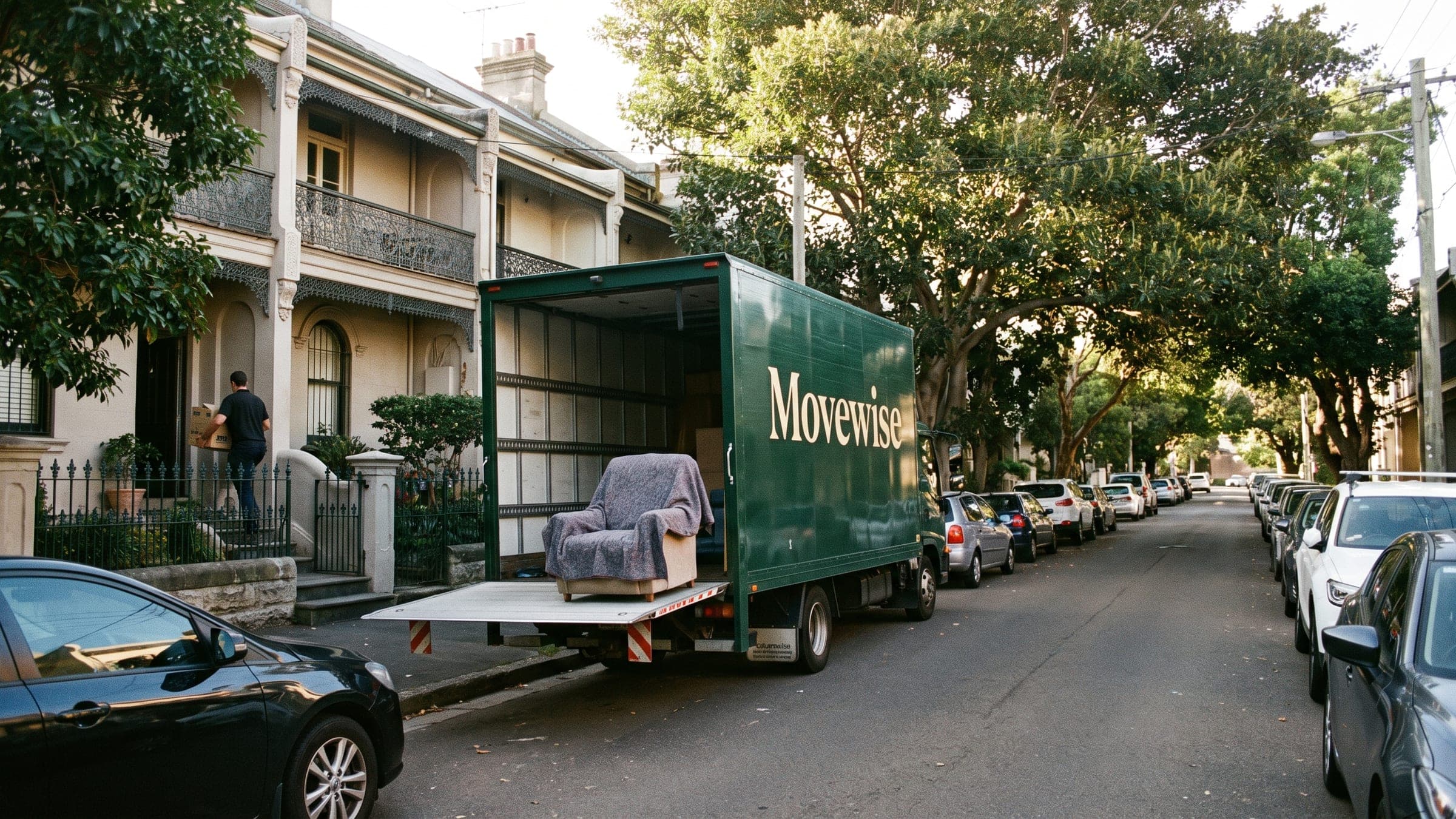 A Movewise truck on a narrow Sydney street of Victorian terraces, a mover carrying a carton in through the front gate.