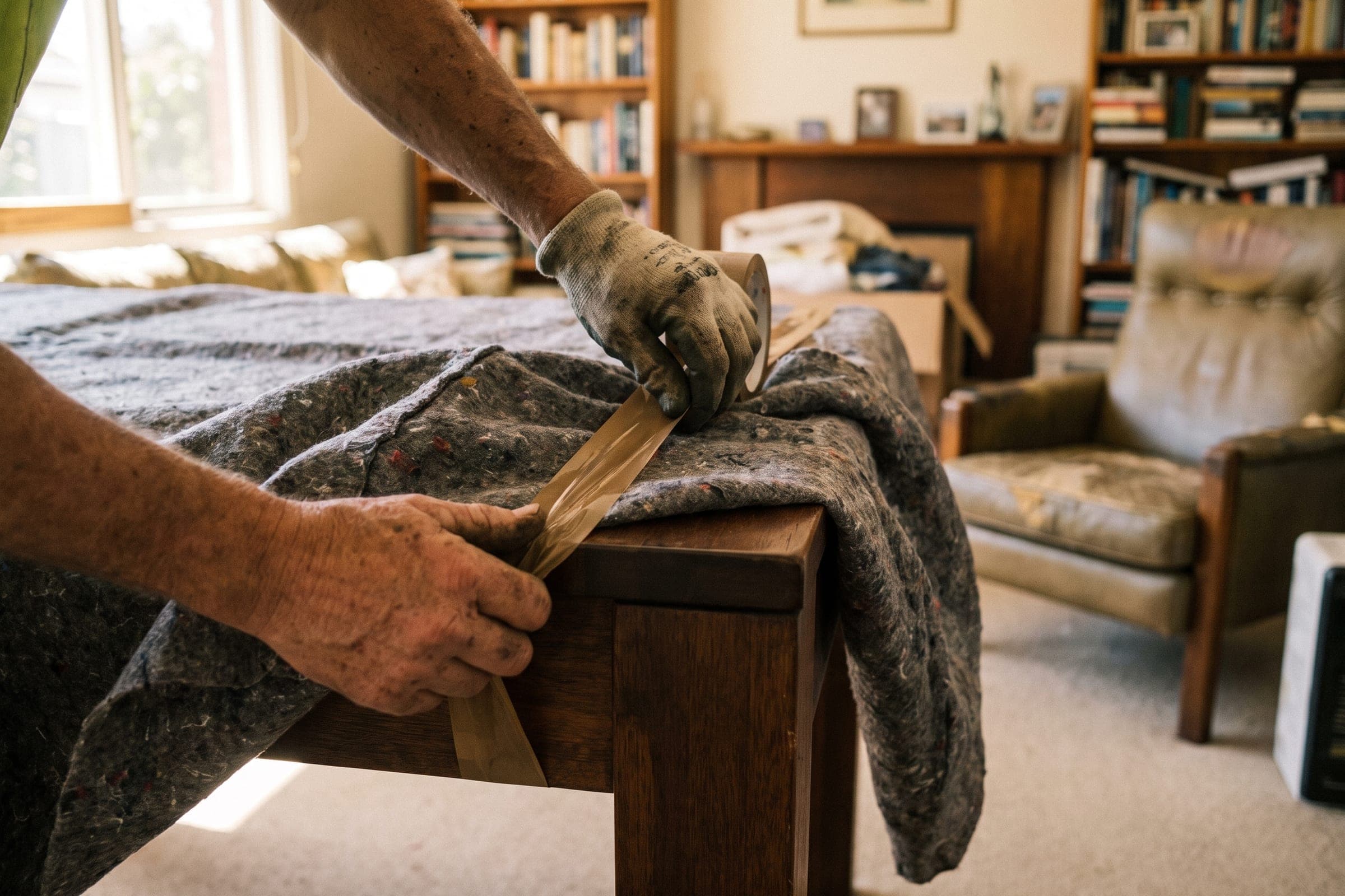 A mover taping a padded blanket around a timber table in a book-lined living room.