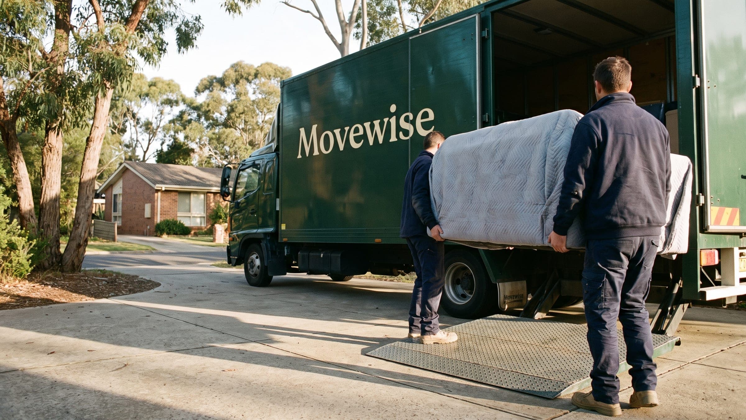 Two movers carrying a blanket-wrapped sofa up the tail ramp into a Movewise truck, seen from behind on a suburban driveway.