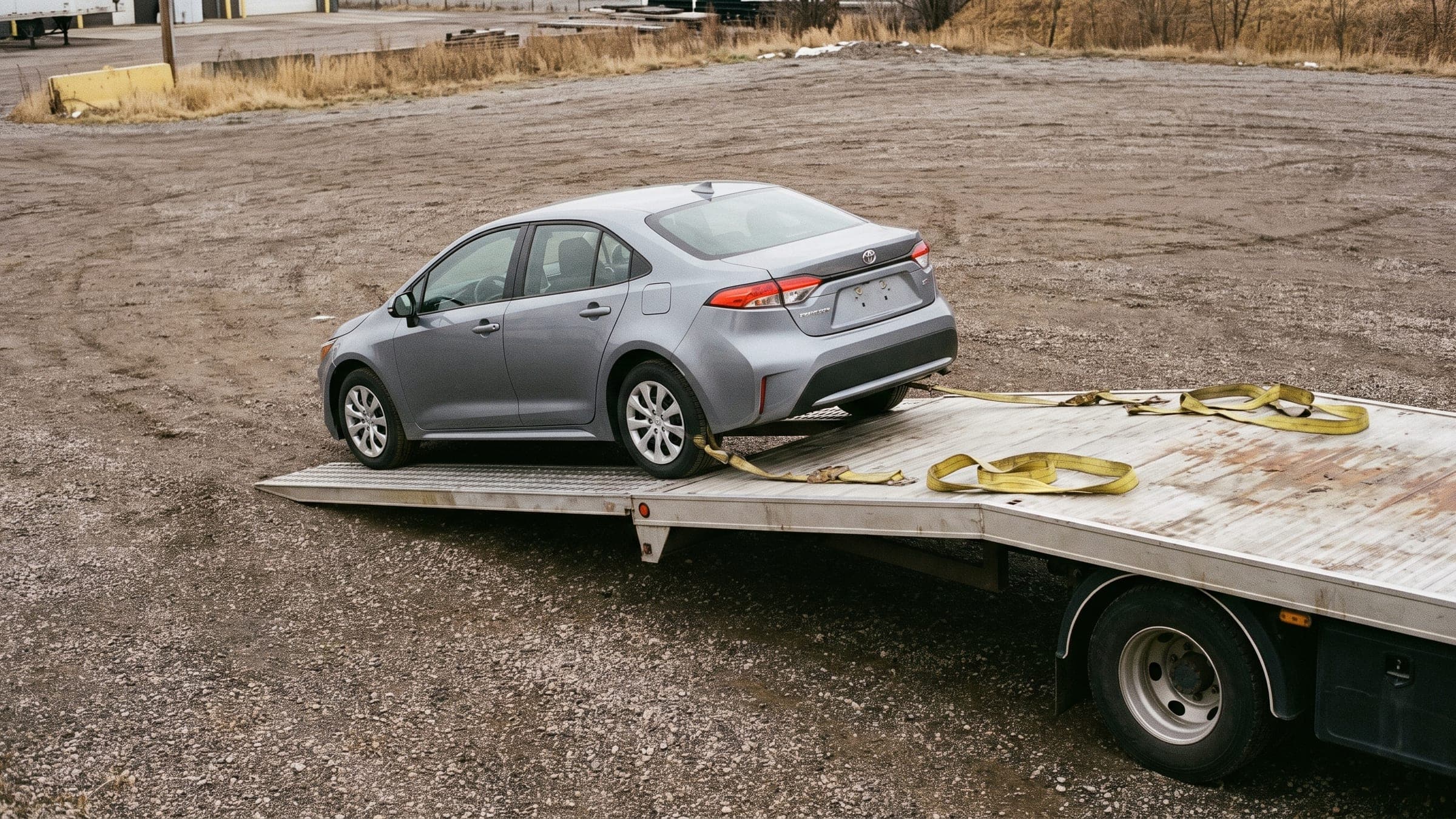 A silver sedan strapped to the deck of a tilt-tray transporter in a gravel yard.