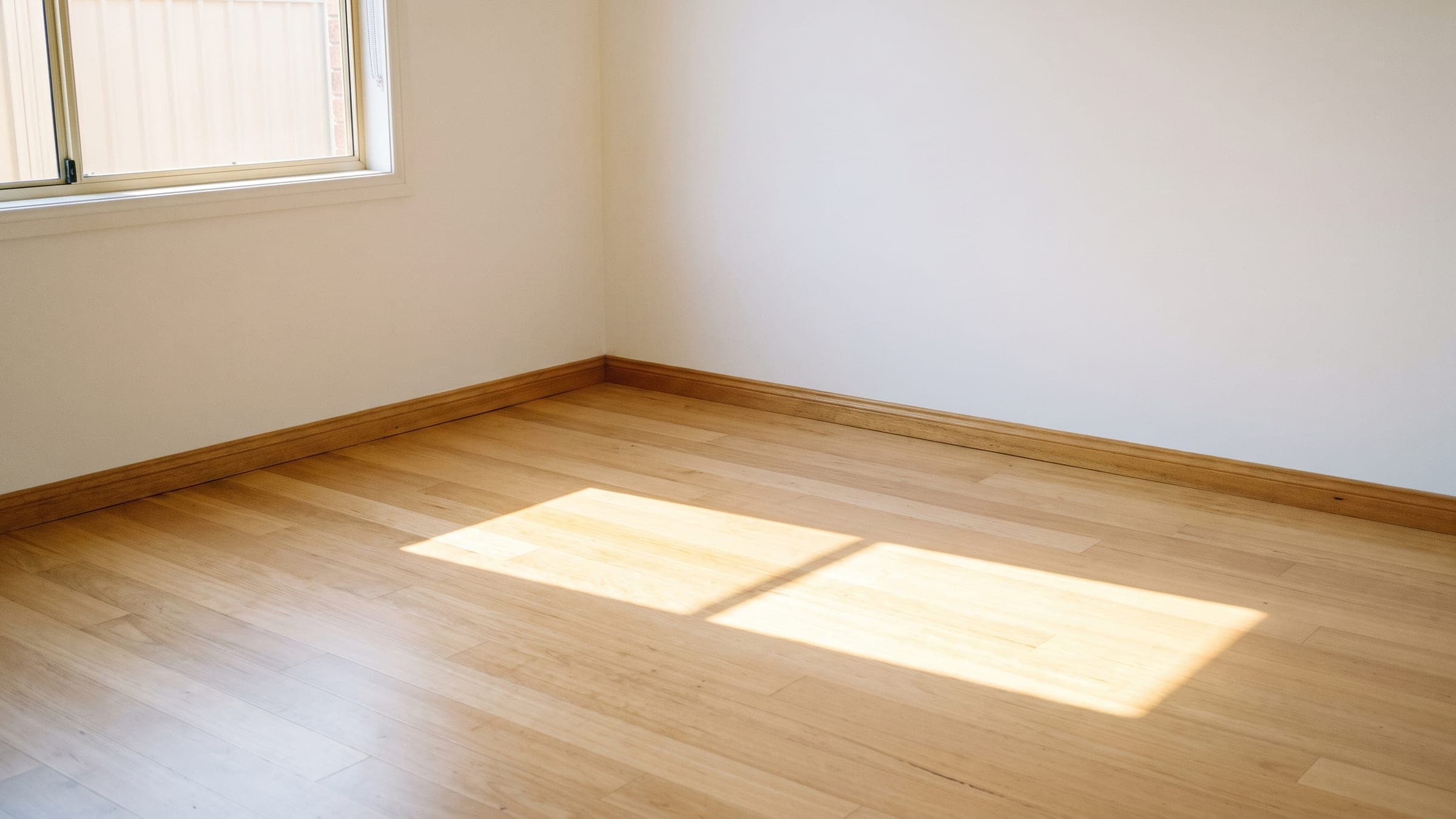 An empty room with bare timber floors and afternoon sunlight falling through the window.