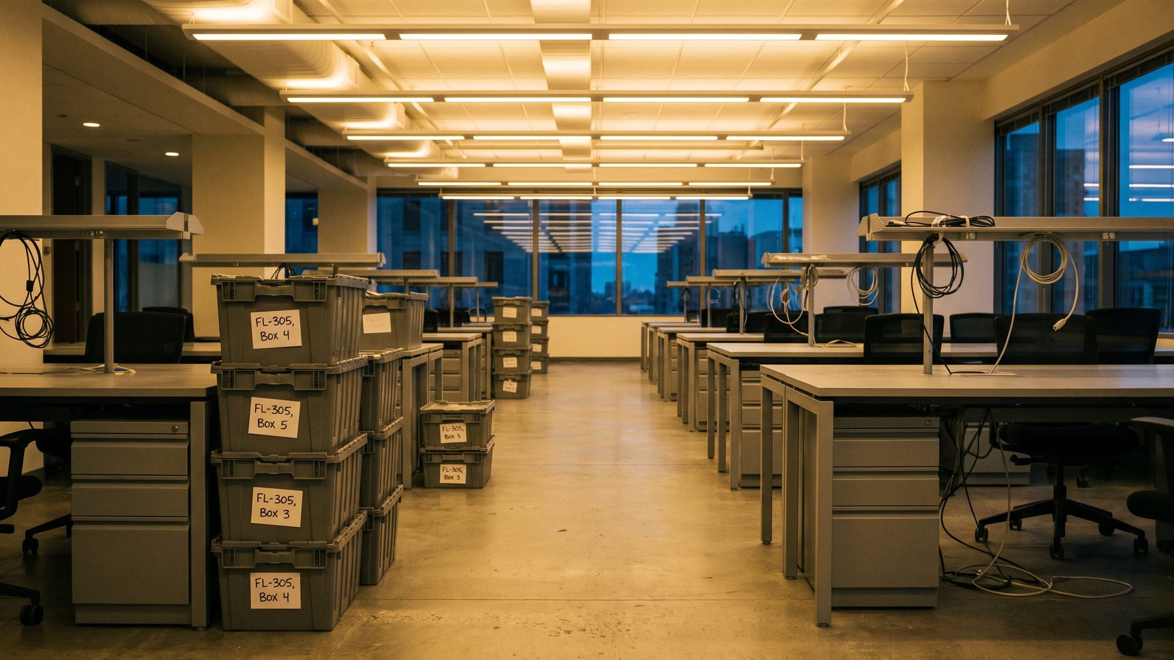 Numbered crates stacked beside rows of cleared desks on an office floor at dusk.