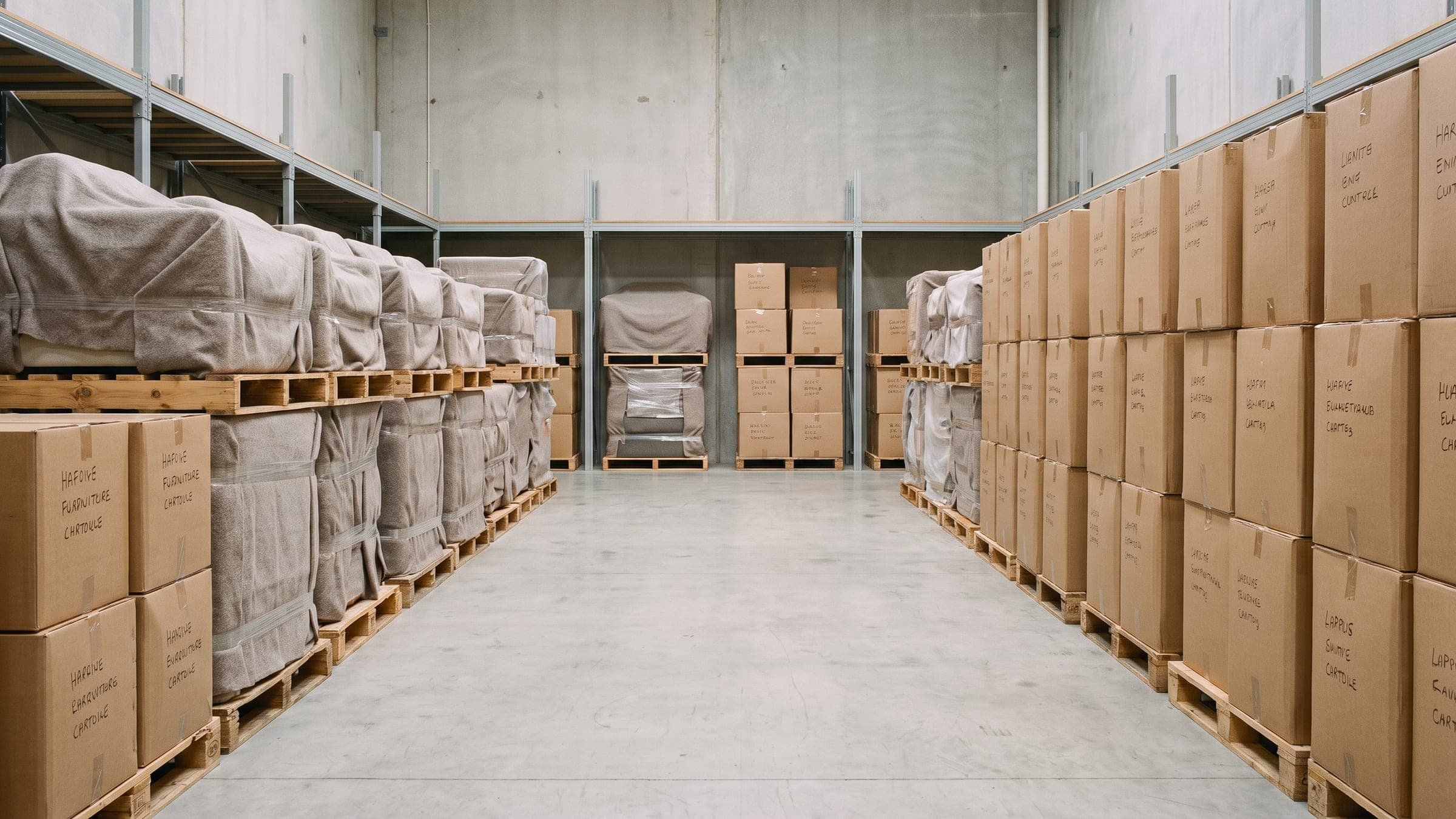 An aisle of palletised, labelled cartons and blanket-wrapped furniture in a storage warehouse.